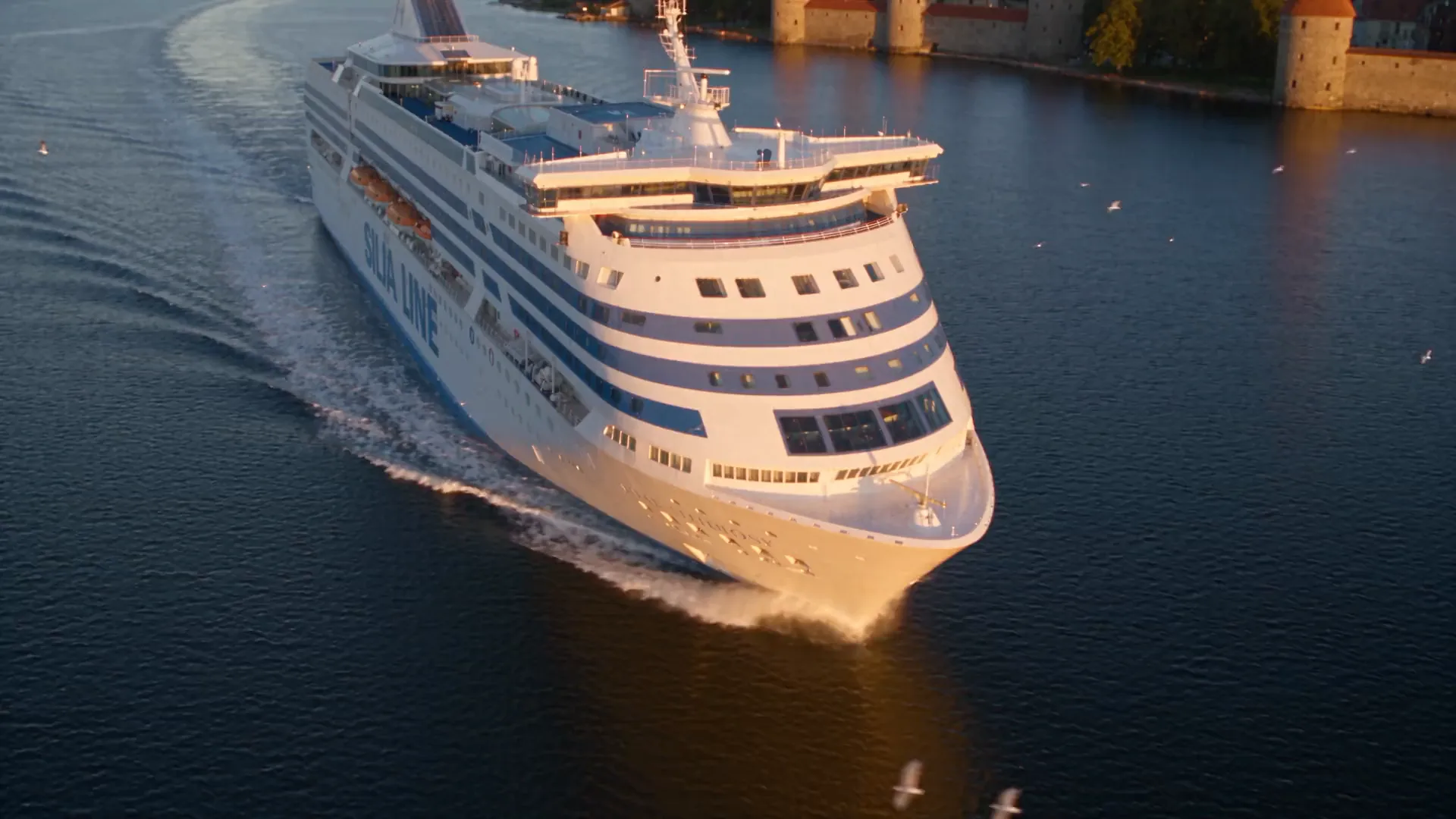 Aerial view of a Silja Line ferry at sunset, on its way from Helsinki to Tallinn
