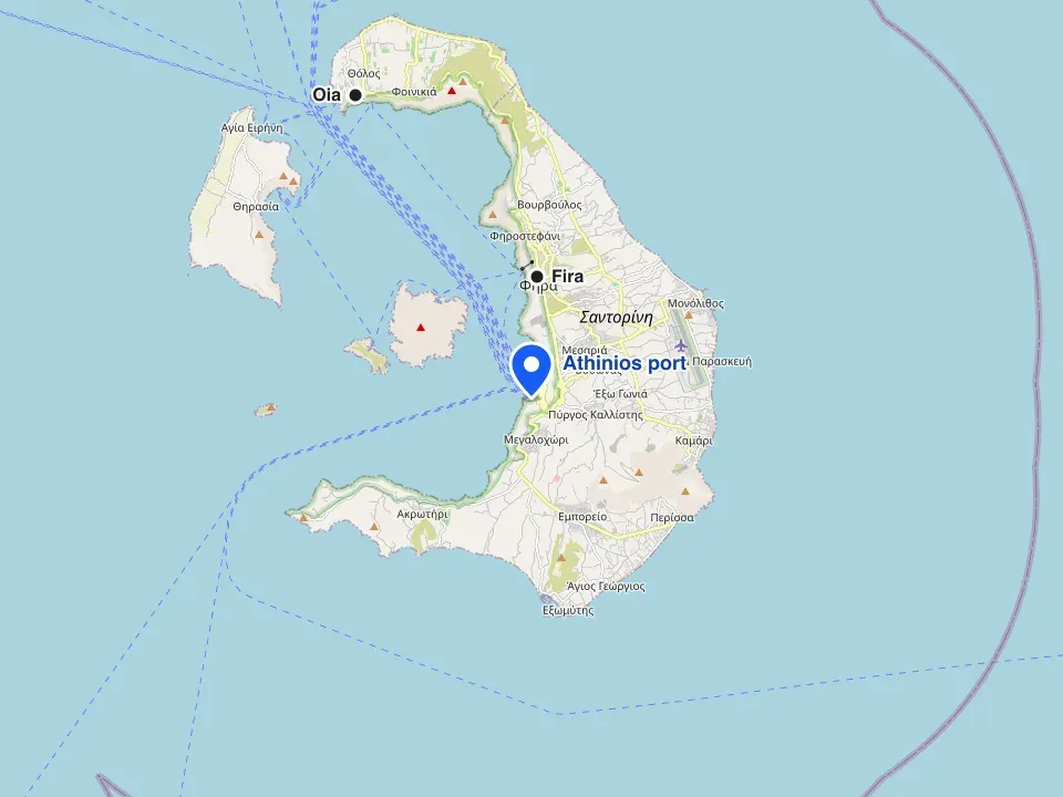 Map of Santorini with Athinios port marked, shown against Fira and Oia