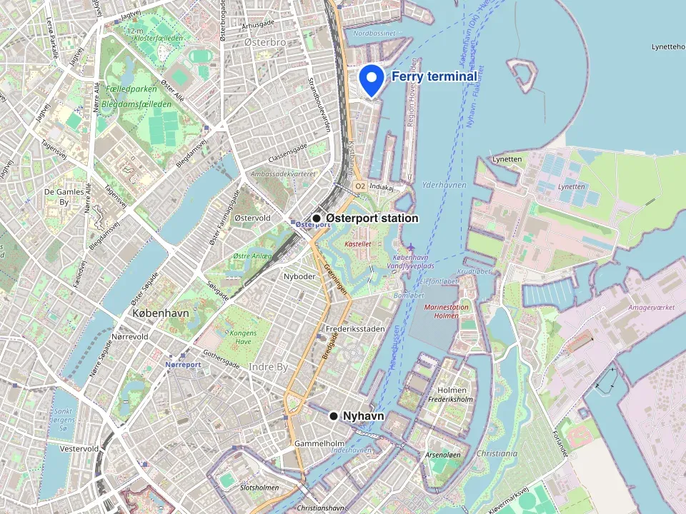 Map of Copenhagen with the ferry terminal marked