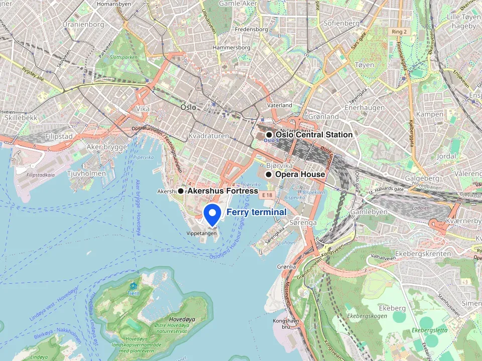 Map of Oslo with the Vippetangen ferry terminal marked