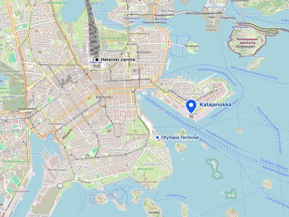 Map of Helsinki with the Katajanokka ferry terminal marked
