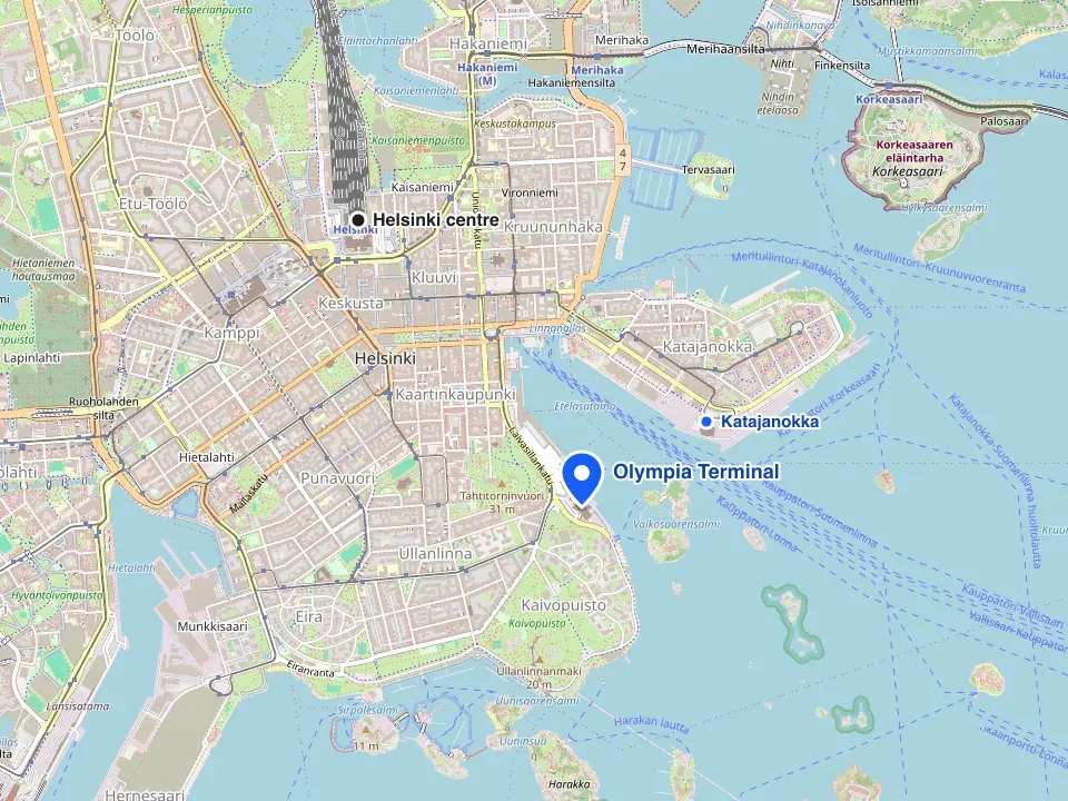 Map of Helsinki with the Olympia Terminal ferry terminal marked