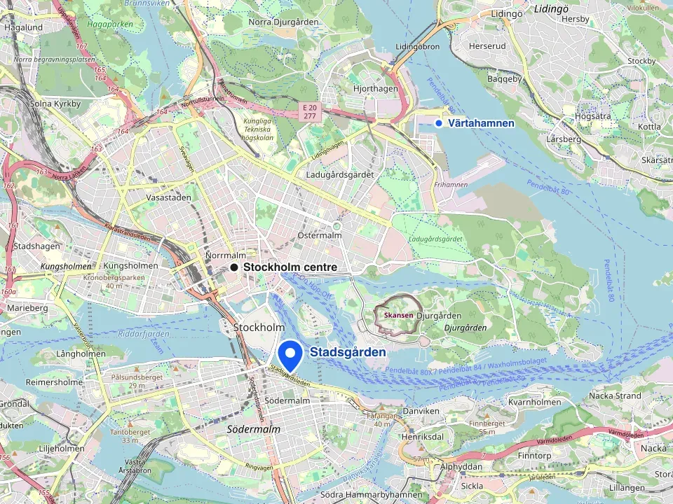 Map of Stockholm with the Stadsgården ferry terminal marked