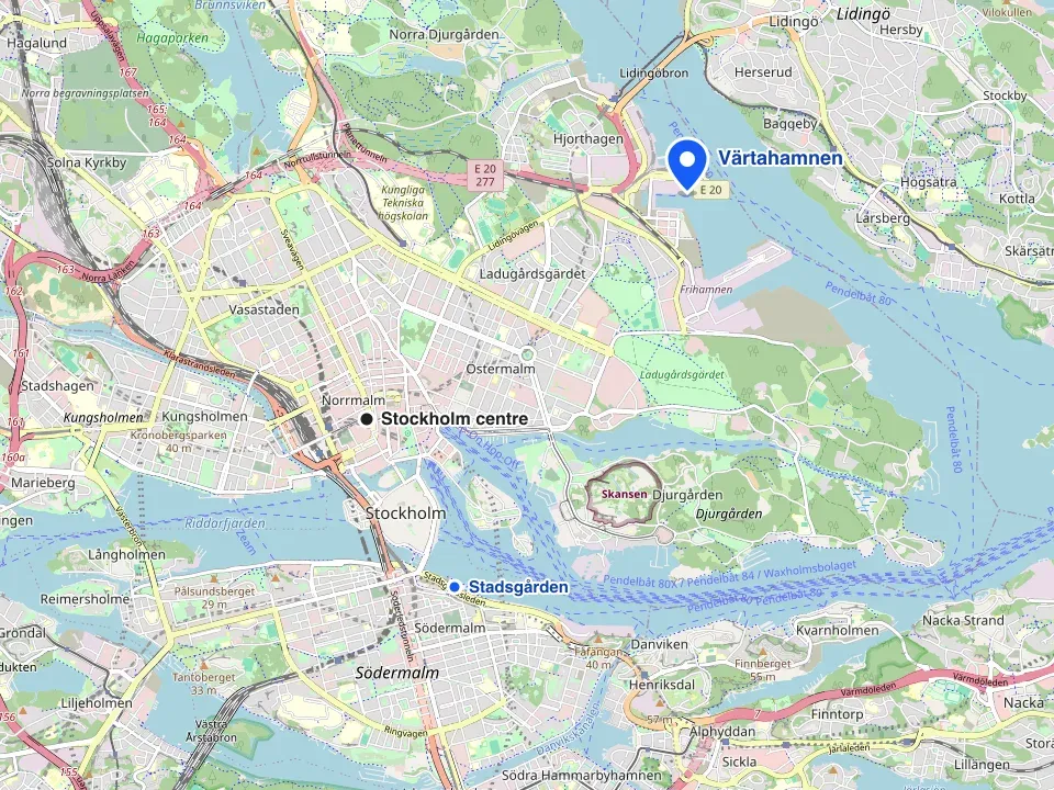 Map of Stockholm with the Värtahamnen ferry terminal marked