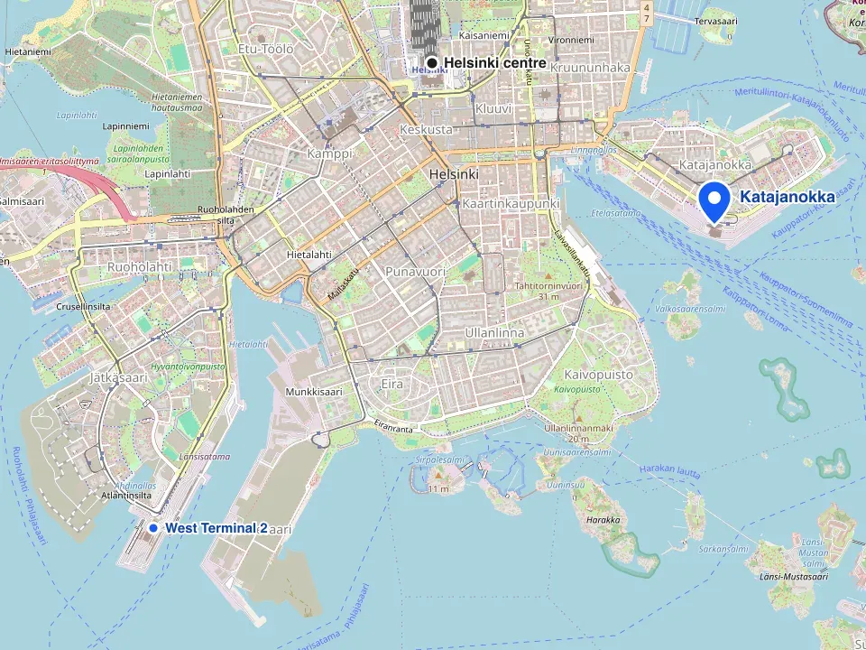 Map of Helsinki with the Katajanokka ferry terminal marked