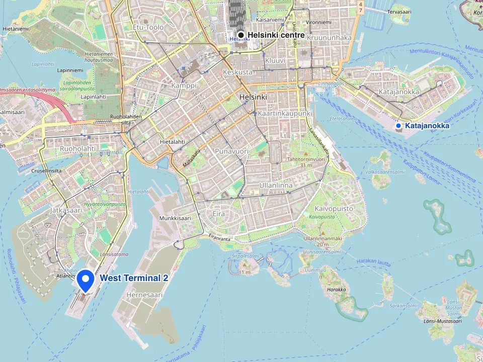 Map of Helsinki with the West Terminal 2 ferry terminal marked
