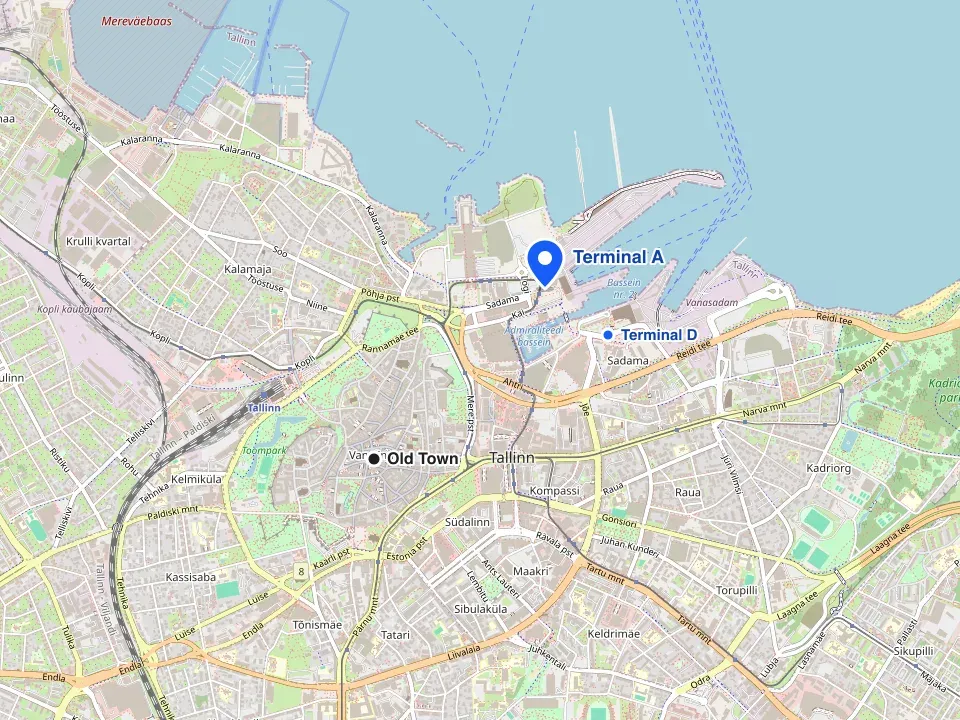 Map of Tallinn with the Terminal A ferry terminal marked