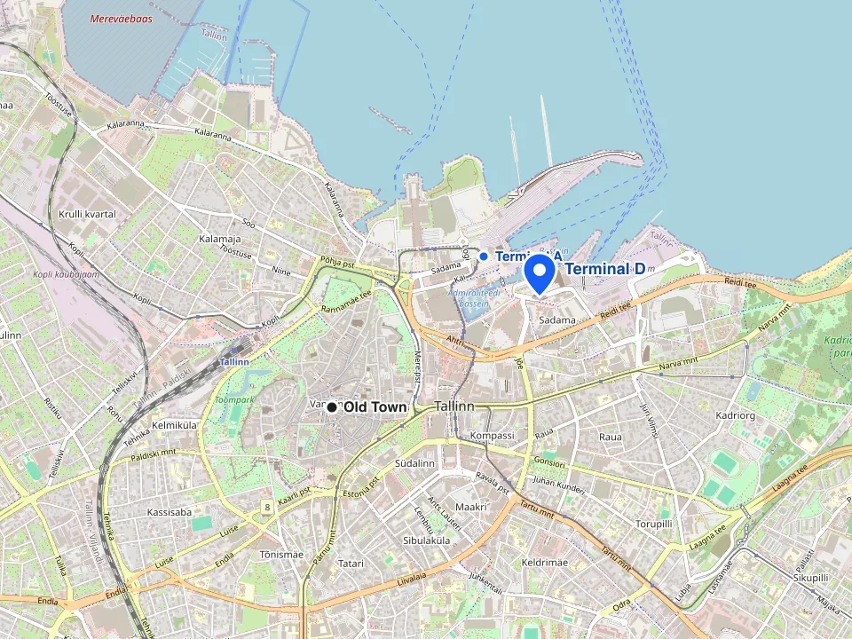 Map of Tallinn with the Terminal D ferry terminal marked