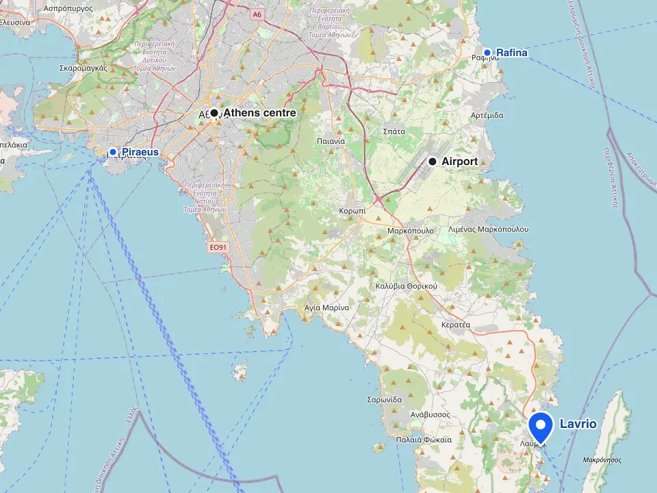 Map of Athens and Attica with Lavrio port marked, shown against the city centre, the airport, Piraeus and Rafina