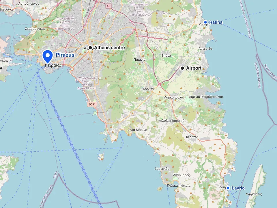 Map of Athens and Attica with Piraeus port marked, shown against the city centre, the airport, Rafina and Lavrio