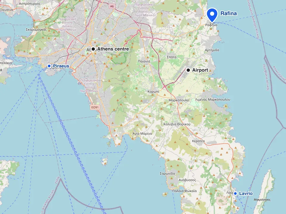 Map of Athens and Attica with Rafina port marked, shown against the city centre, the airport, Piraeus and Lavrio