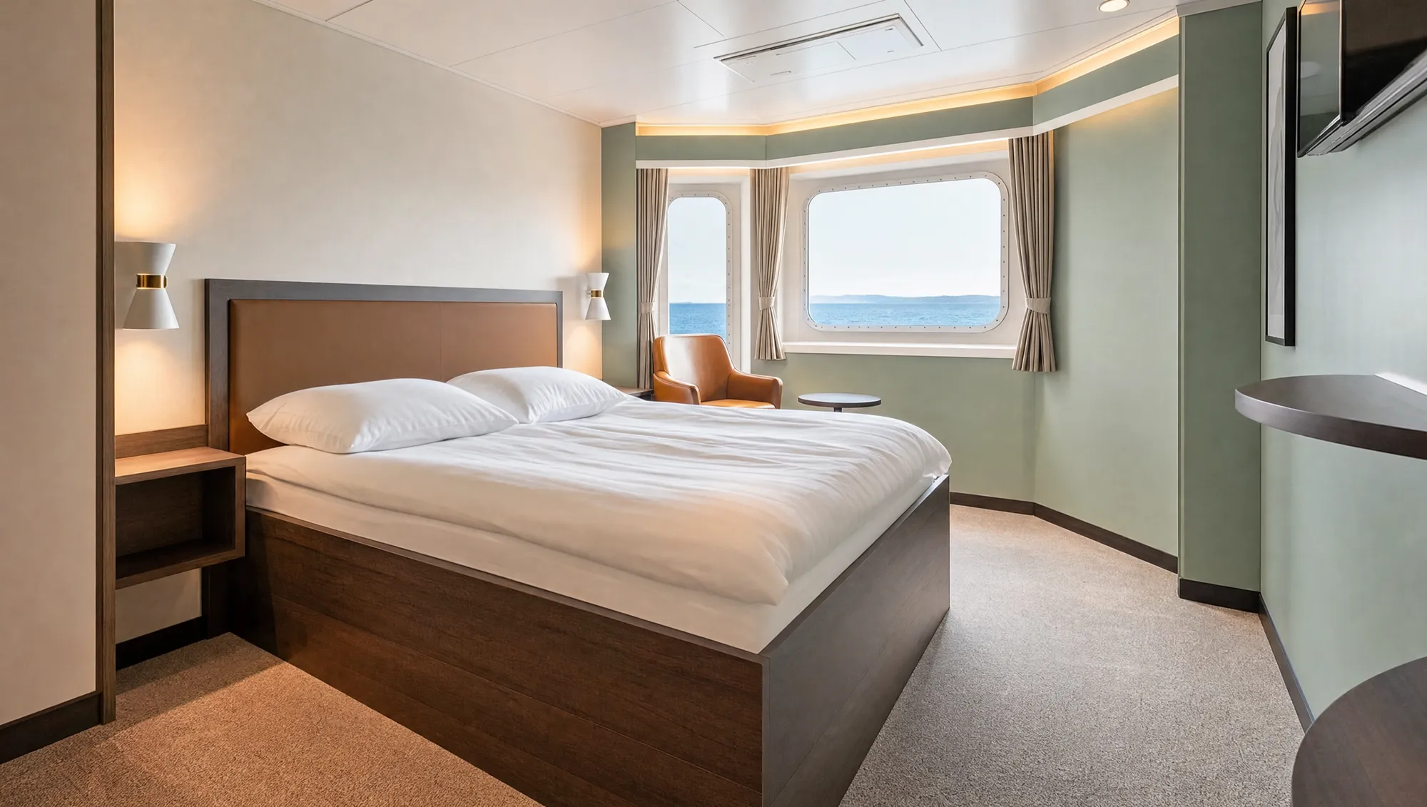 A sea-view cabin with a double bed, an armchair and windows looking onto the sea