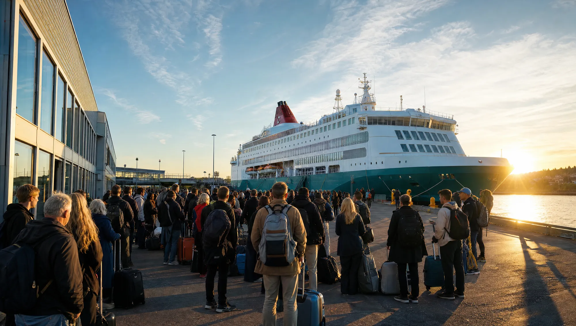 Passengers with luggage queuing on the quay beside a ferry at sunset