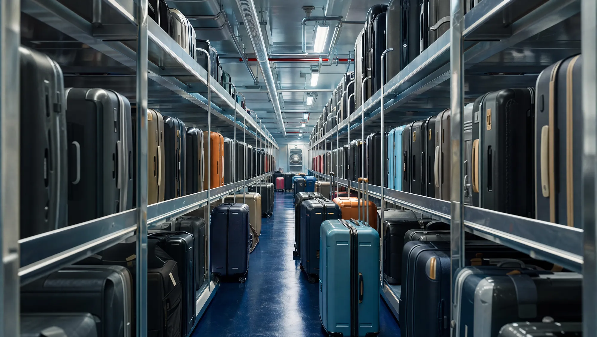 Rows of suitcases on shelves in a ship's luggage room