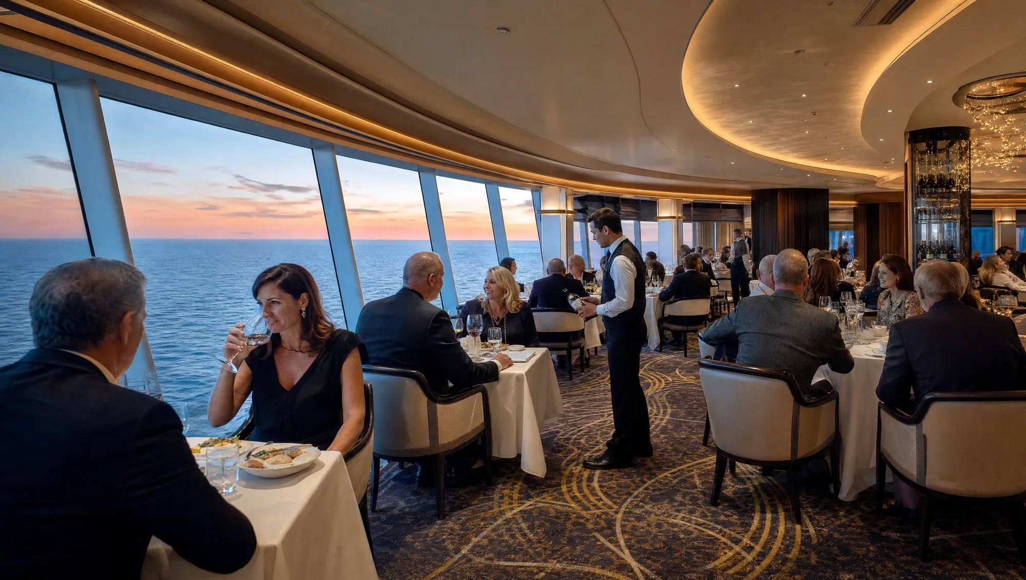 Diners in a ship's restaurant with large windows looking out over the sea at sunset