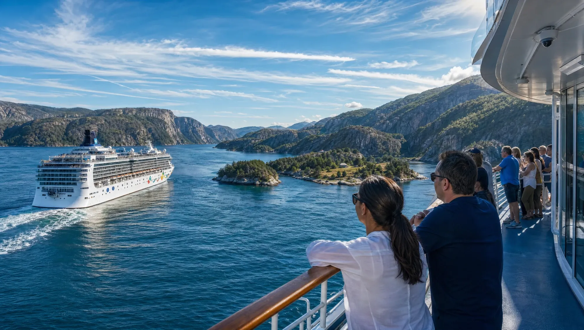 Passengers on deck watching a cruise ship and wooded islands in the Oslofjord on a sunny day