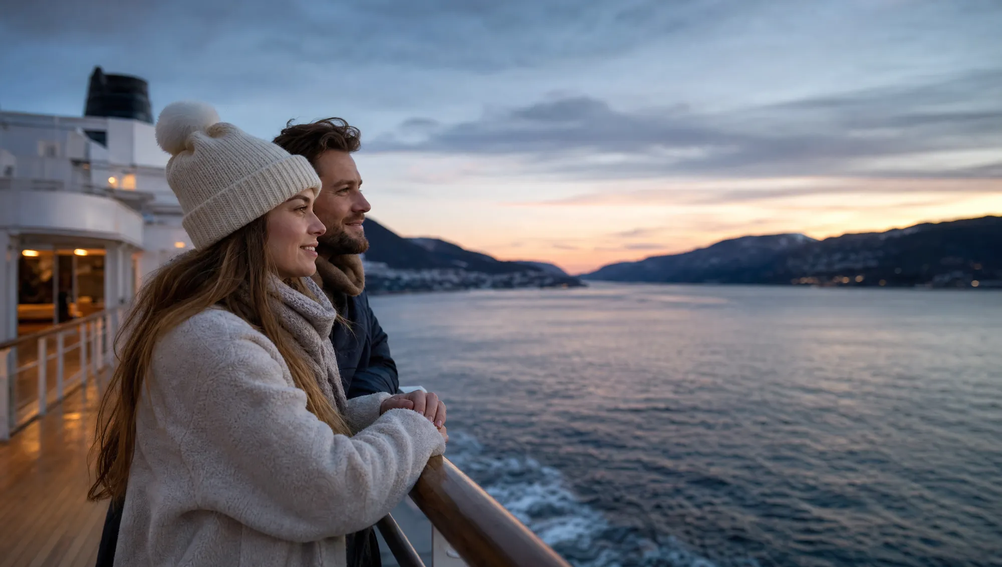 Two travellers on the deck of an overnight ferry at sunset, looking out over a fjord