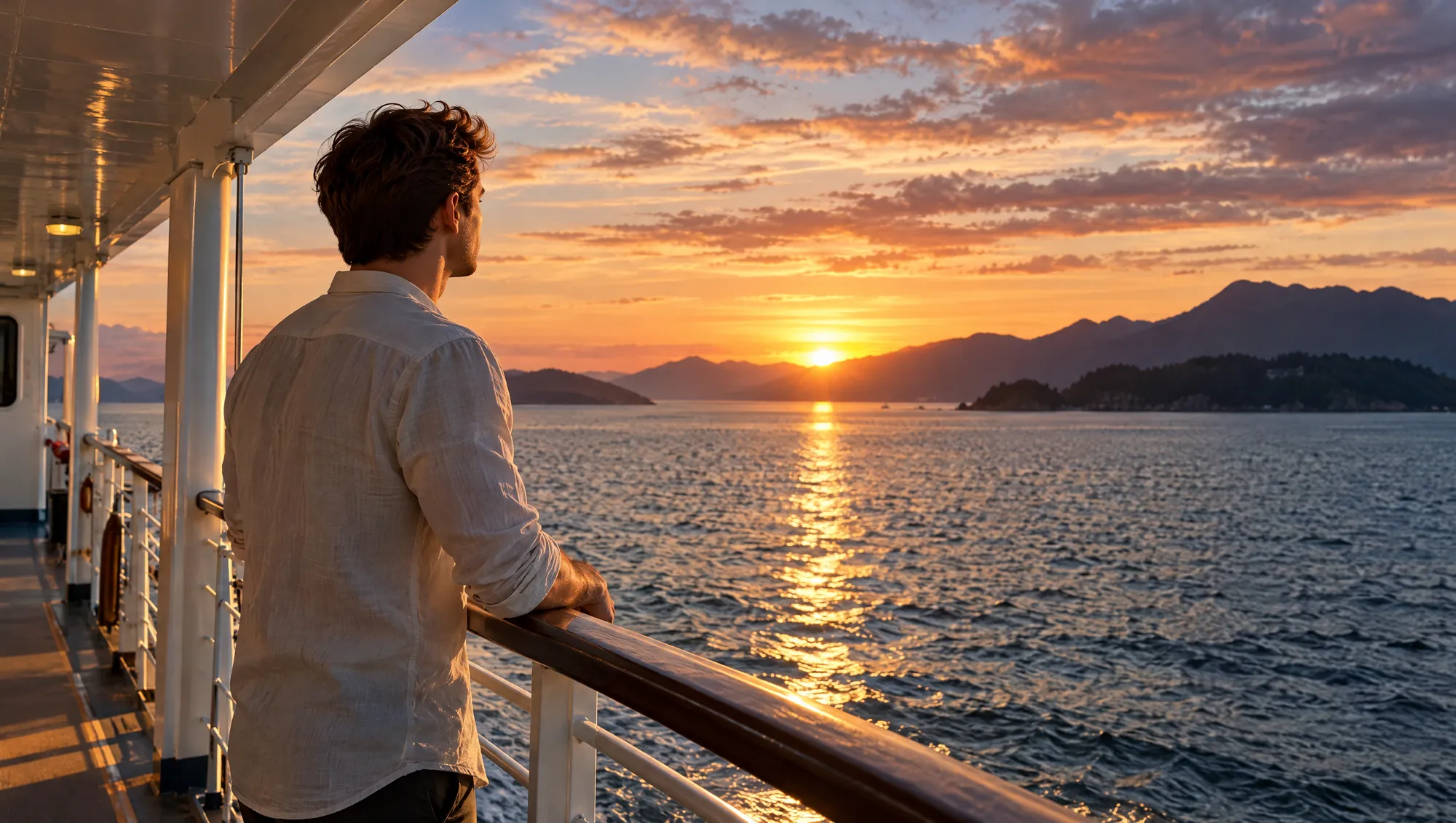 A passenger standing at the deck rail, looking towards the horizon at sunset