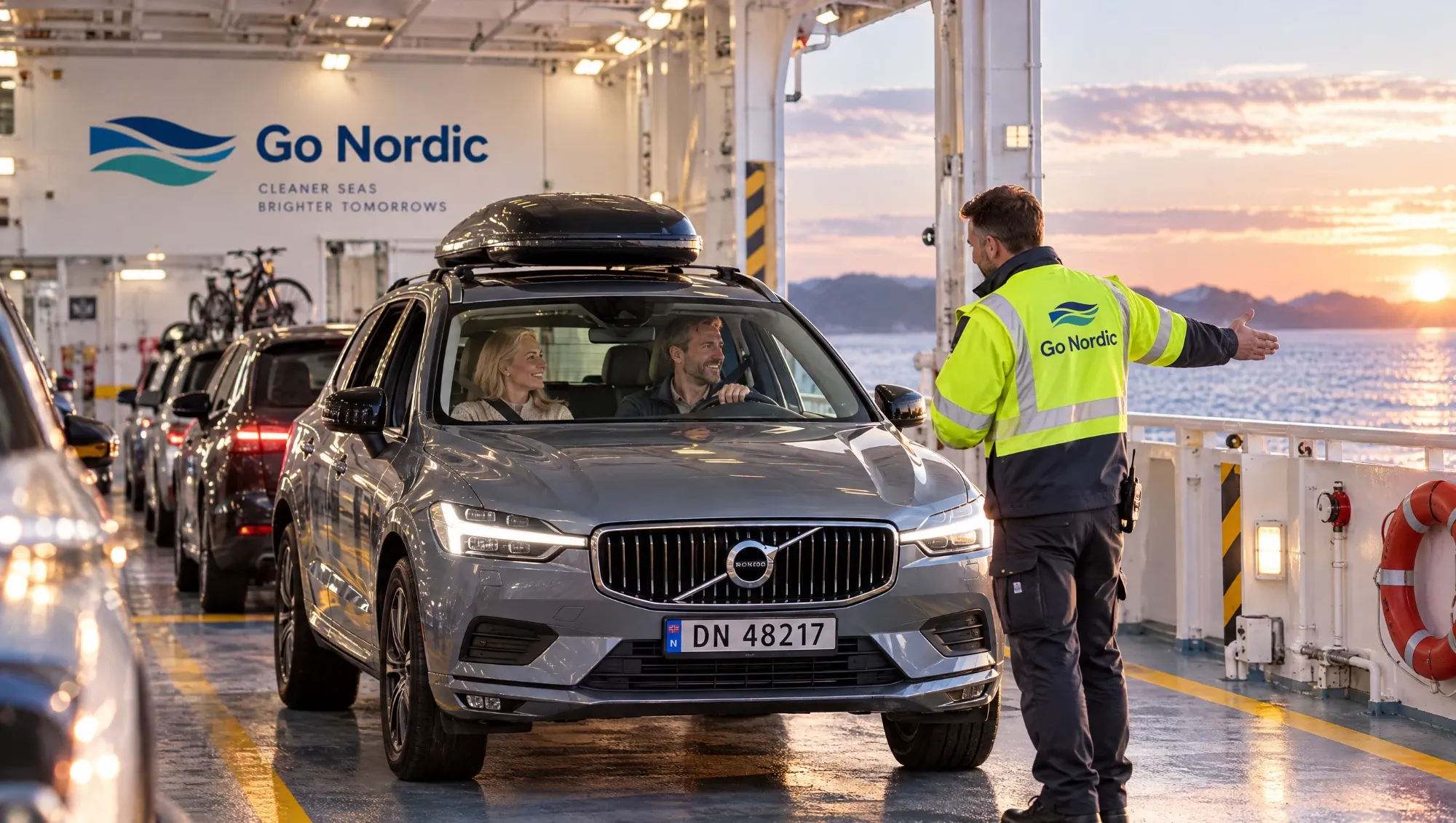 A Go Nordic crew member guiding a car with a roof box into place on the vehicle deck at sunset