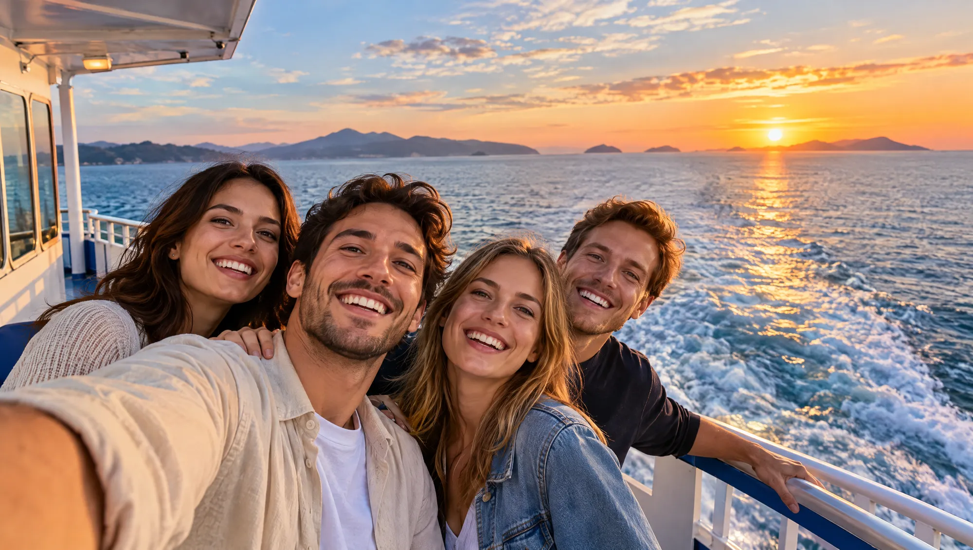 Four friends taking a selfie on the open deck at sunset, with islands and the ship's wake behind them