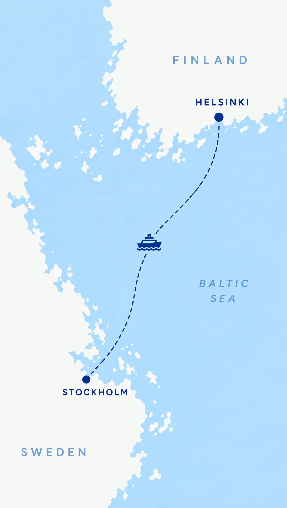 Helsinki to Stockholm, about 480 km by sea, two ferry terminals at each end