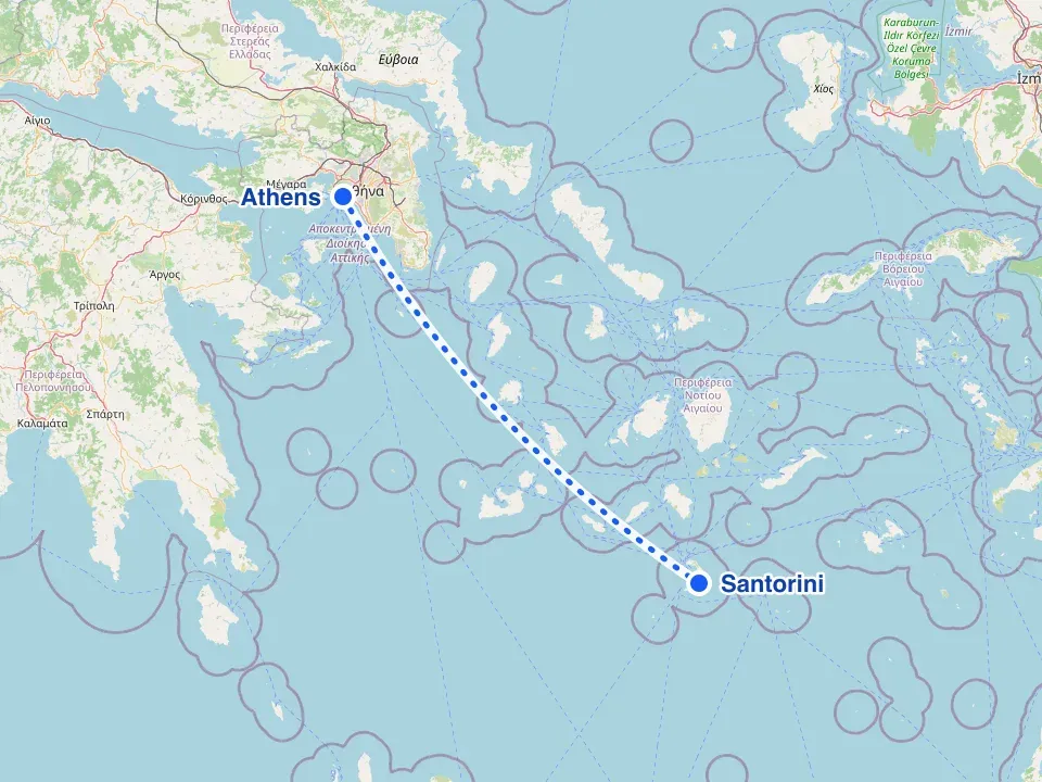 Map of the Aegean Sea with the ferry route between Athens and Santorini