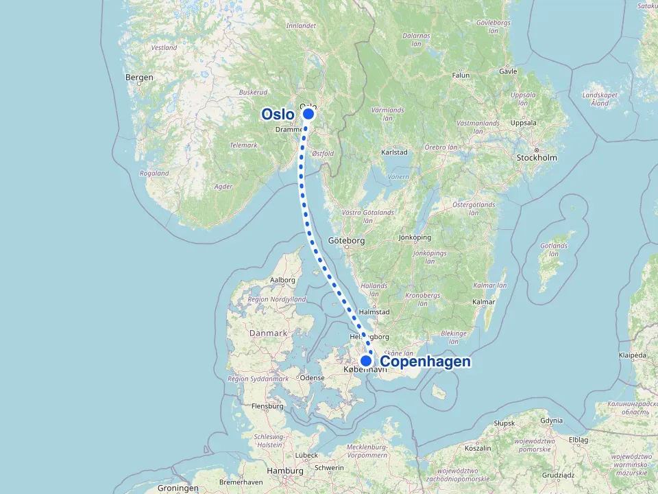 Map of Denmark, Sweden and Norway with the ferry route between Copenhagen and Oslo