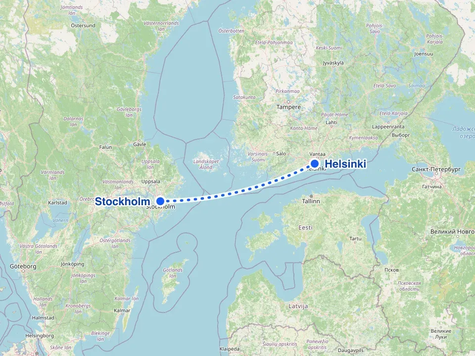 Map of the Baltic Sea with the ferry route between Helsinki and Stockholm