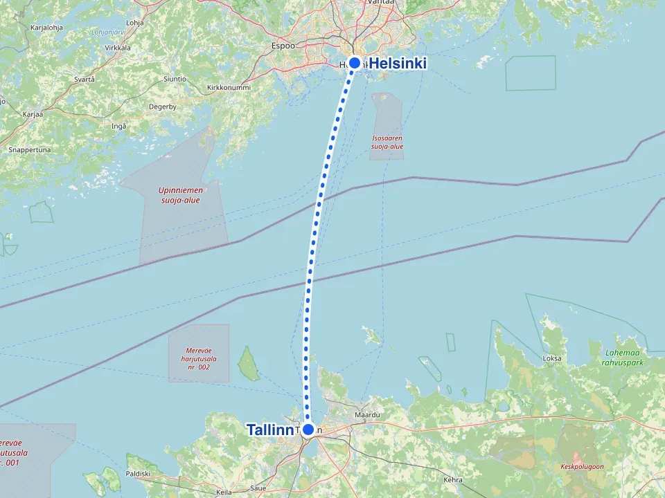 Map of the Gulf of Finland with the ferry route between Helsinki and Tallinn